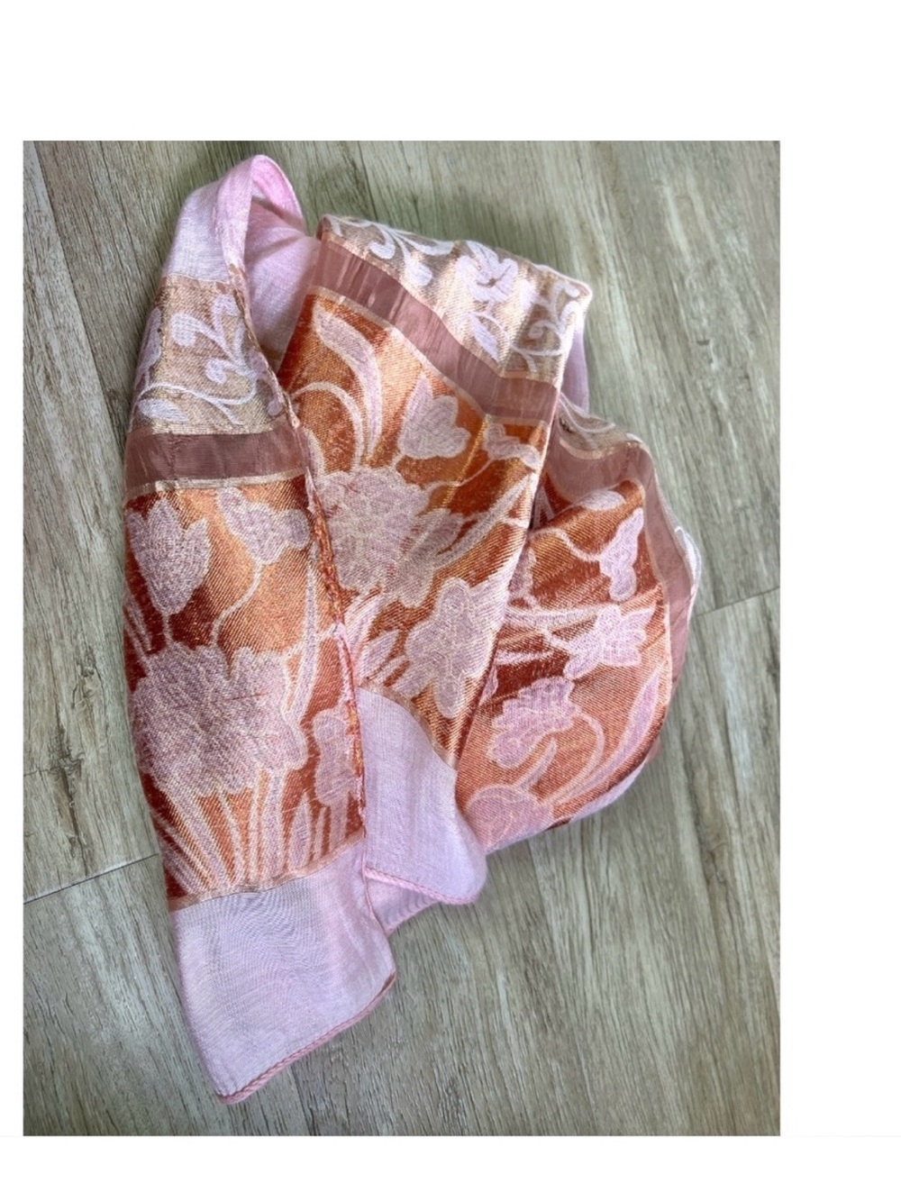 Fine woven scarf: long, soft • pink, copper & gold arabesques & flowers